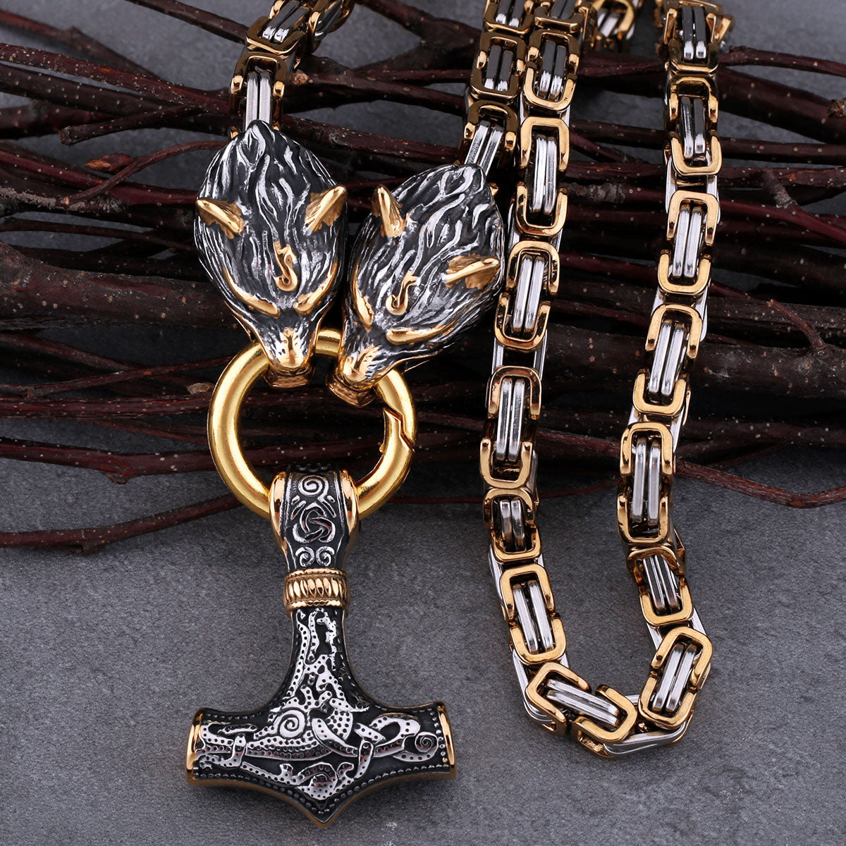 High Quality Viking Wolf Head Thor's Hammer Set Necklace Pendant Stainless Steel Biker Party Personality Men's Jewelry Gift