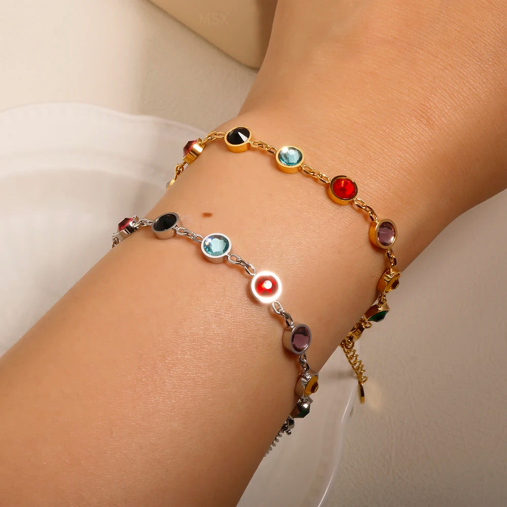 JINHUI Colorful Bejeweled Bangle Popularity TS Stainless Steel Bracelets for Women 12 Birthstones Rainbow Crystal Chain Jewelry