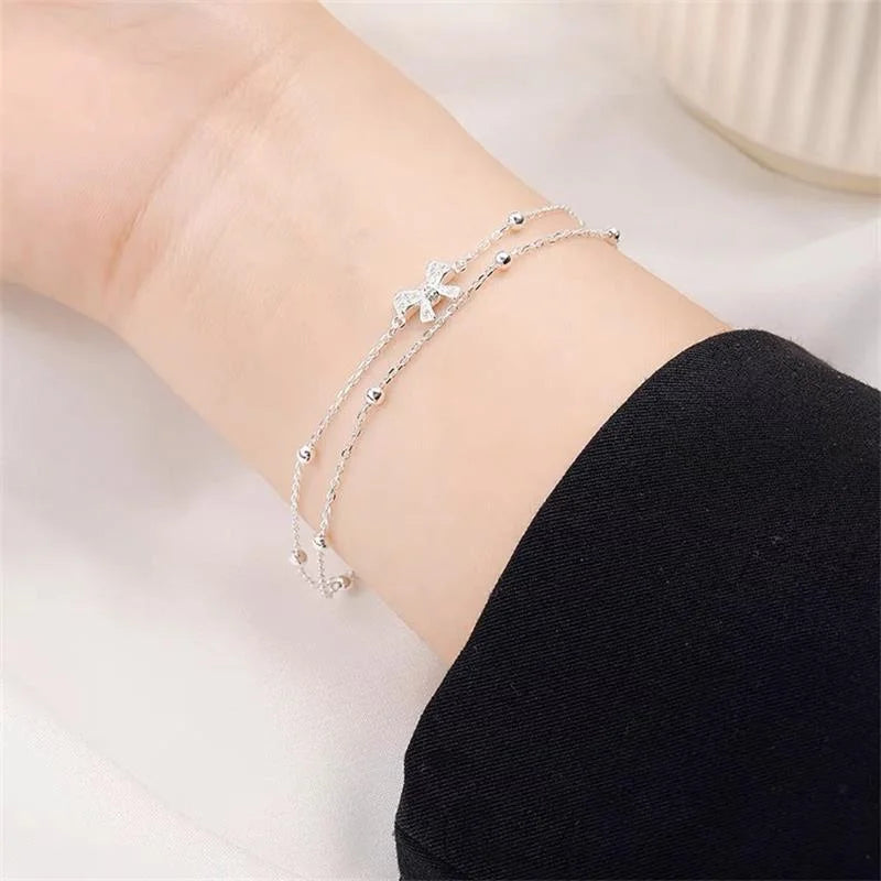 Titanium Steel Silver Color Geometric Bracelet For Women Girl Fashion Holiday Gift Double-deck Bow Wrist Chain Jewelry Pulsera