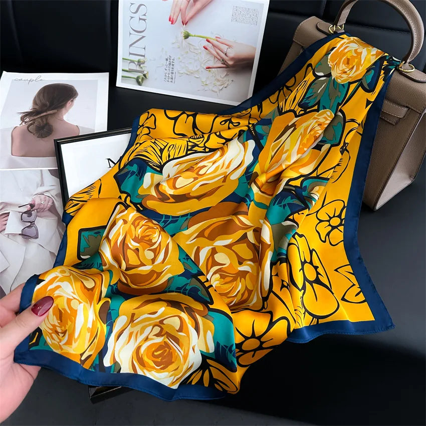 Imitated Silk Headcloth Fashion Flower Print Square Shawls Popular 70X70cm Bandanna Kerchief Sun Protection Silk Scarves Tie Bag