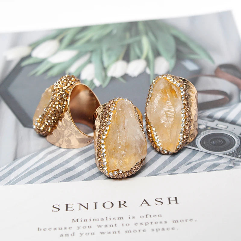 Irregular Citrine Open Ring for Women Micro Inlay Adjustable Reiki Natural Stone Finger Jewelry