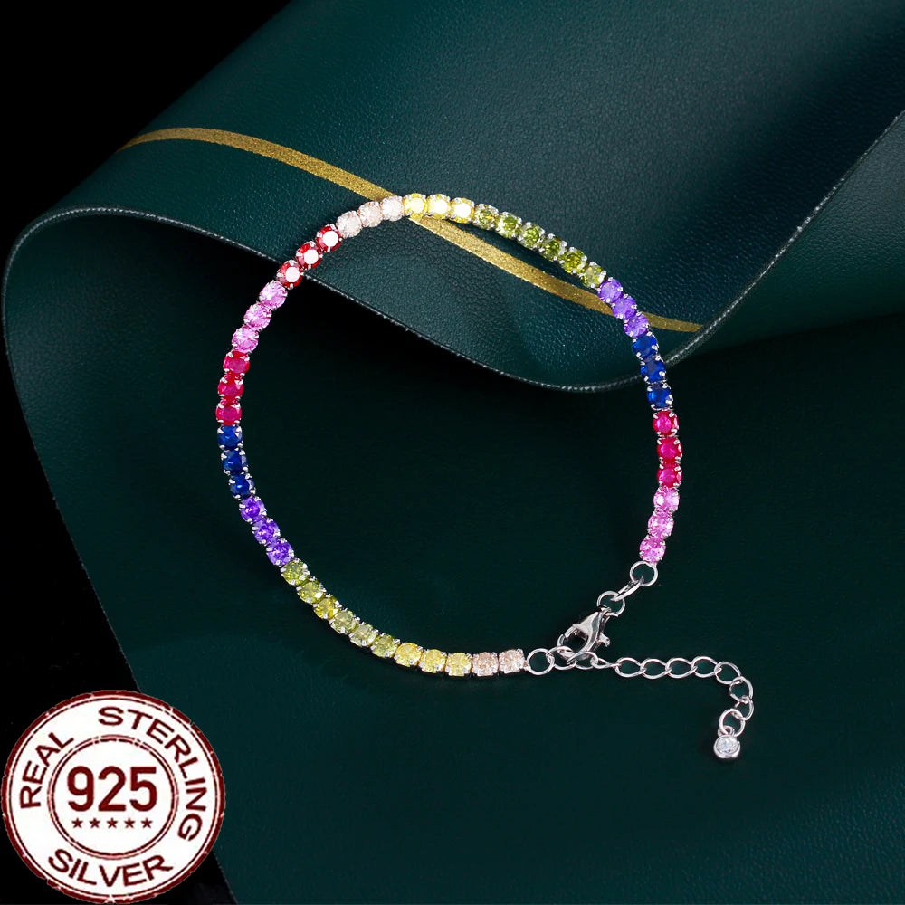 CWWZircons Sterling Silver 925 Multicolor Rainbow Tourmaline Tennis Chain Bracelets for Women Party Colorful CZ Jewelry SB018