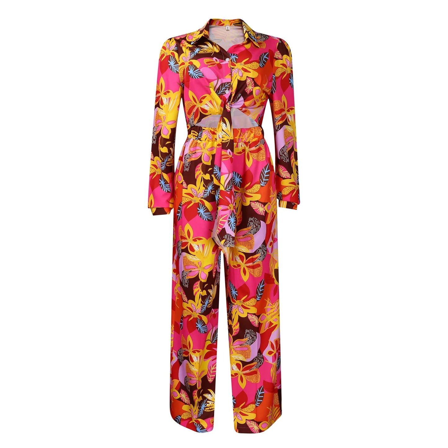 Women 2 Pieces Printed Pants Sets Blouse & Wide Leg Pants Floor Length Fashion High Street Wear Female Two Pieces Matching Sets