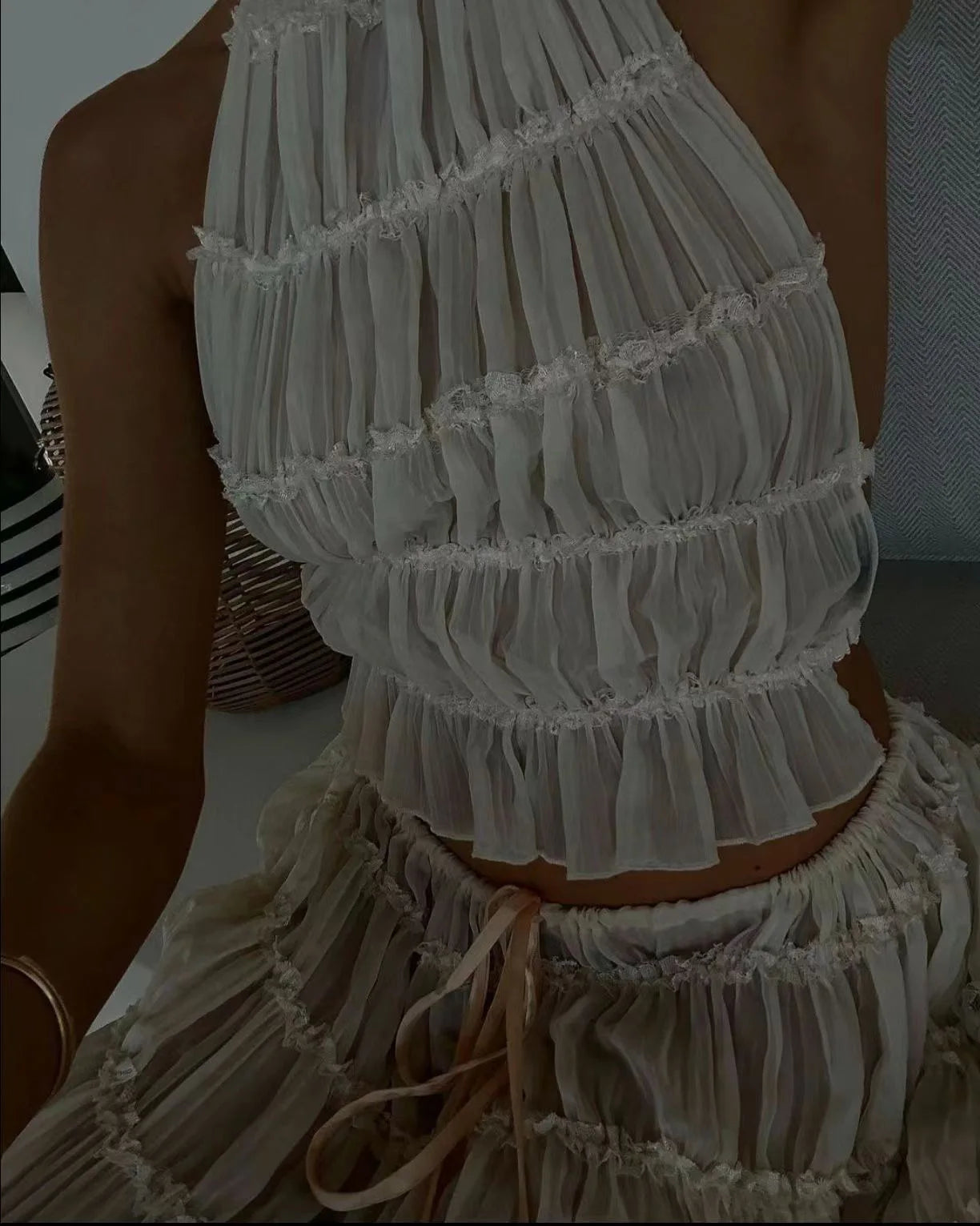 Solid Hang Neck Long Skirt Suit For Women Halter Backless Sling Top Lace Up Fold Maxi Skirt 2024 Hot Fashion Female 2 Piece Set