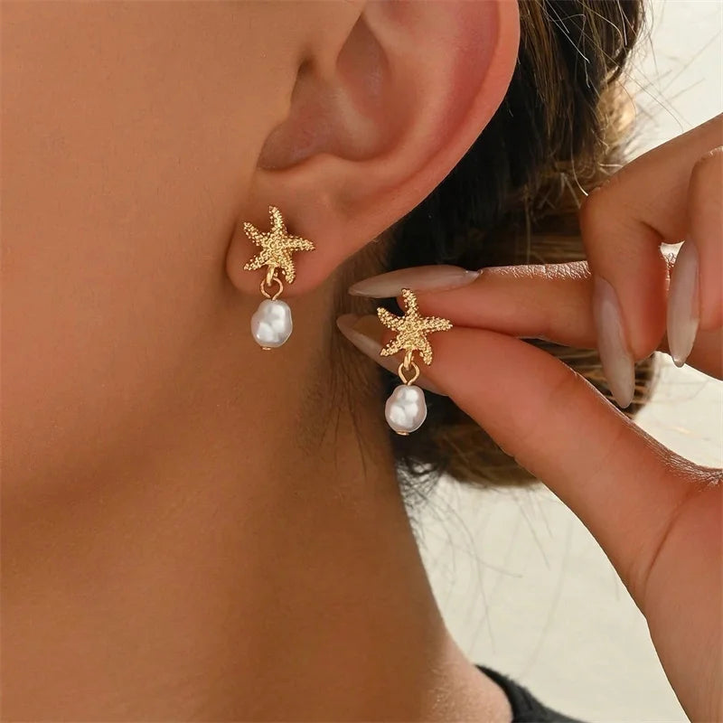 Fashion Asymmetric Ocean Style Earrings Stud  For Women Starfish Shell Earring Ear Ring Imitation Pearl Zircon Jewelry Gift