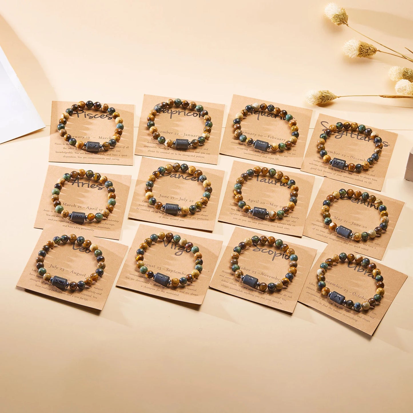 Natural Stone Beads Tiger Eye Stone 12 Constellation Bracelets For Men Women Zodiac Signs Bracelet Aries Taurus Virgo Jewelry