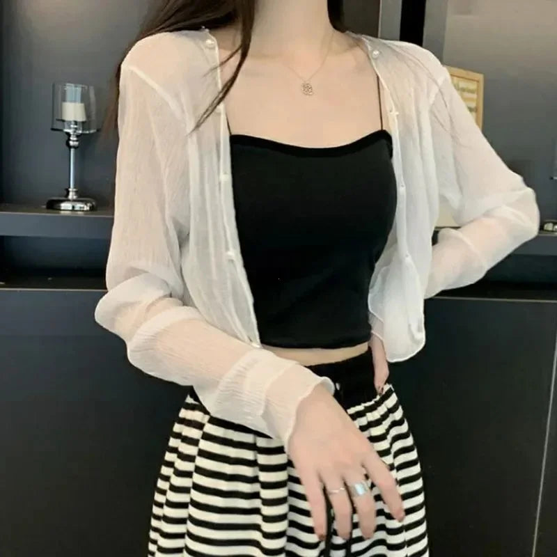Y2k  White Sun-proof Summer Transparent Short Shirts Female Casual Fashion Thin Shirt Woman Long Sleeve Sun Protection Clothing