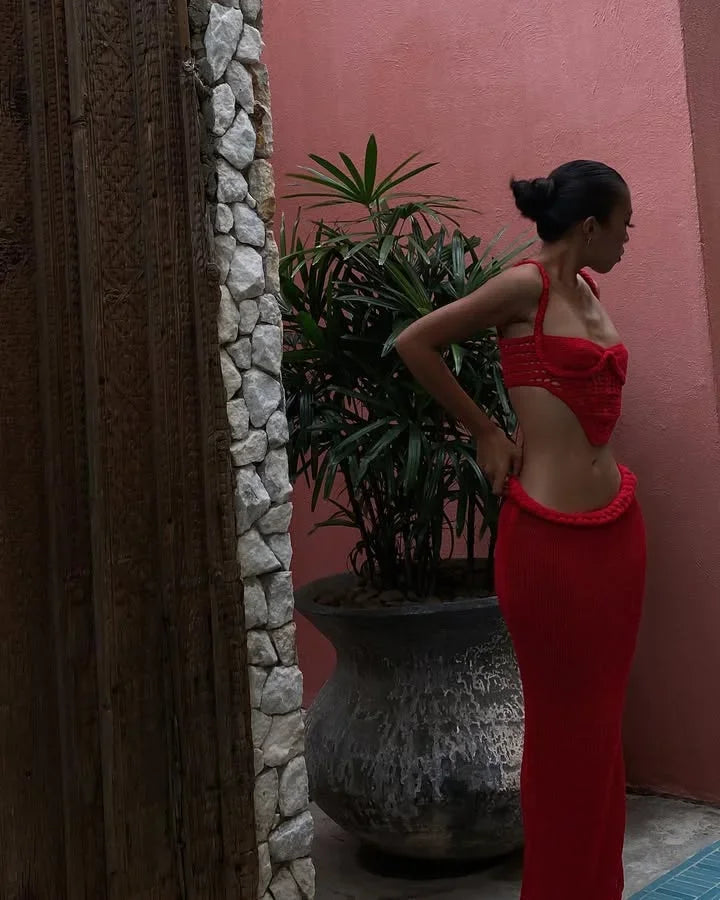 BKQU Crochet Knit Skirts Set Women Sexy Hollow Out Lace Up Crop Tops Hip Package Split Long Skirt Elegant 2 Pieces Beach Outfits