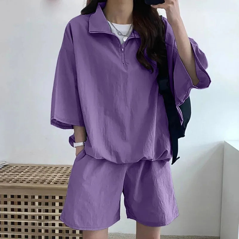 Korean Style Women's Summer Casual Sports Sun Protection Suit Two-Piece Set Workwear Jacket Shorts Polyester Fiber
