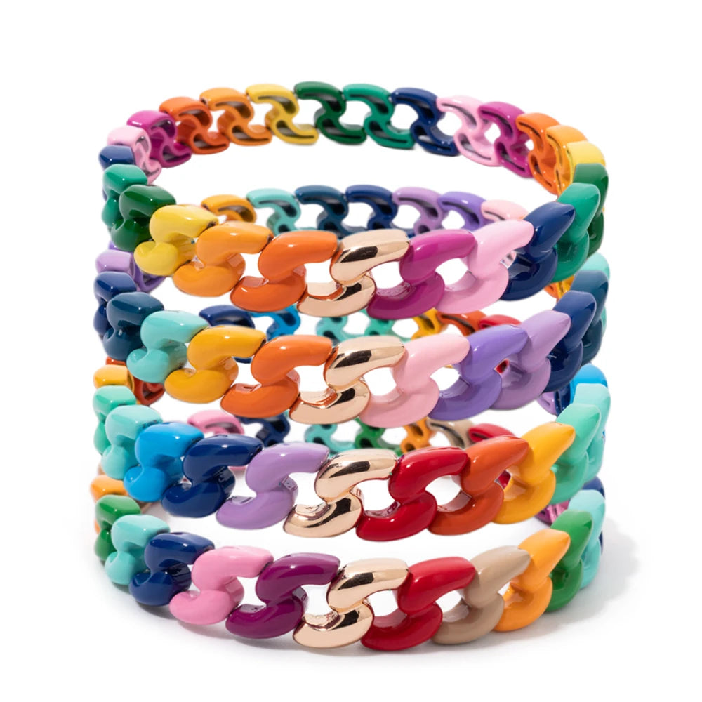 Rainbow Color Link Chain Shape Enamel Bracelets For Women Boho Beaded Bangle Accessory
