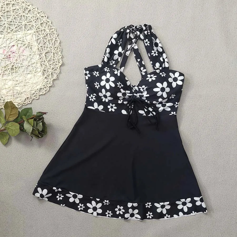 Black Flower Print Tankini Swimwear Woman Bikinis Sets 2025 Sexy Halter Swimsuit Bottoms Beach Wear Bathing Suit Bikini Donna