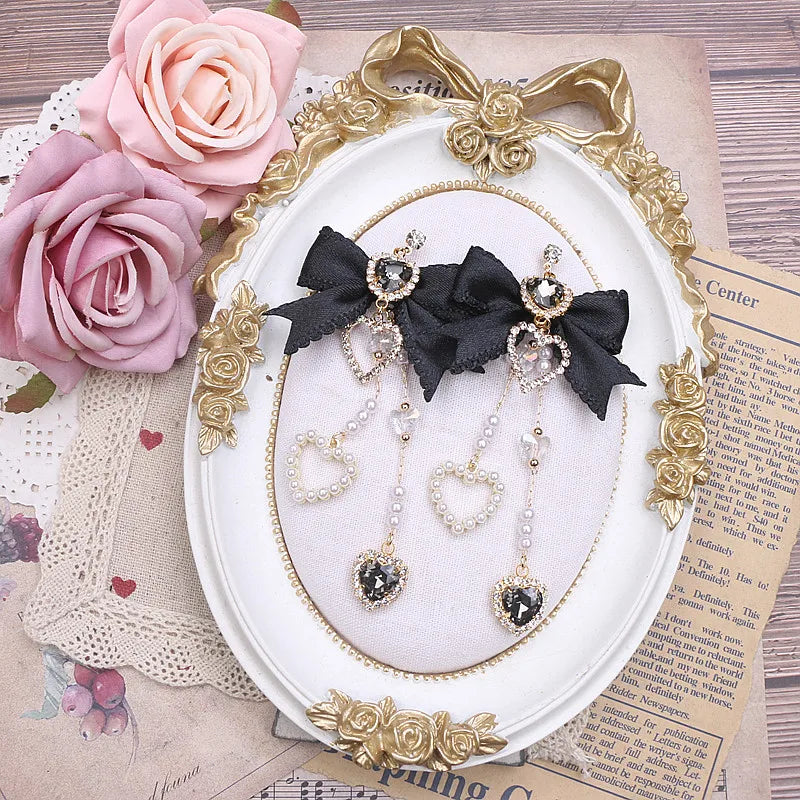 Cute Sweet Women's Bow Rhinestone Ear Clips Love Pendant Ornament Long Style Earrings S925 Needles Pearl Earrings for Y2K Girl
