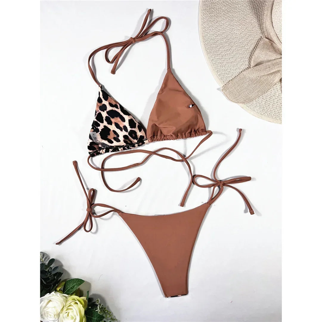 Halter Splicing Leopard Bikinis 2025 Satin Bikini Female Swimsuit Women Swimwear Two-pieces Bikini Set Micro Bathing Suit Swim