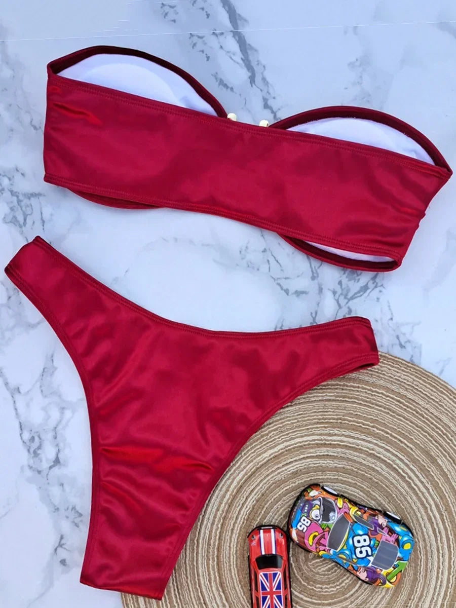 Shiny Bandeau Bikinis 2025 Strapless Bikini Female Swimsuit Women Swimwear Two-pieces Bikini Set High Cut Bathing Suit Swim Lady