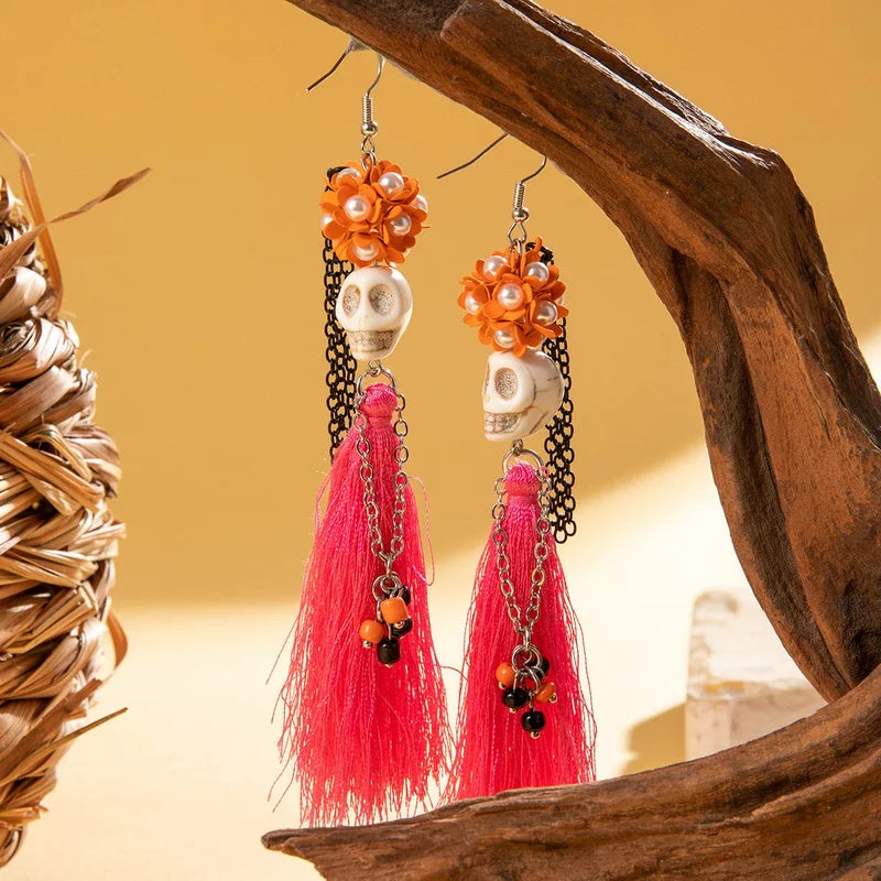 Halloween Skeleton Bride Skull Tassel Ear Dangle Earrings for Women Gothic Skull Drop Earrings Festival Party Jewelry Gift