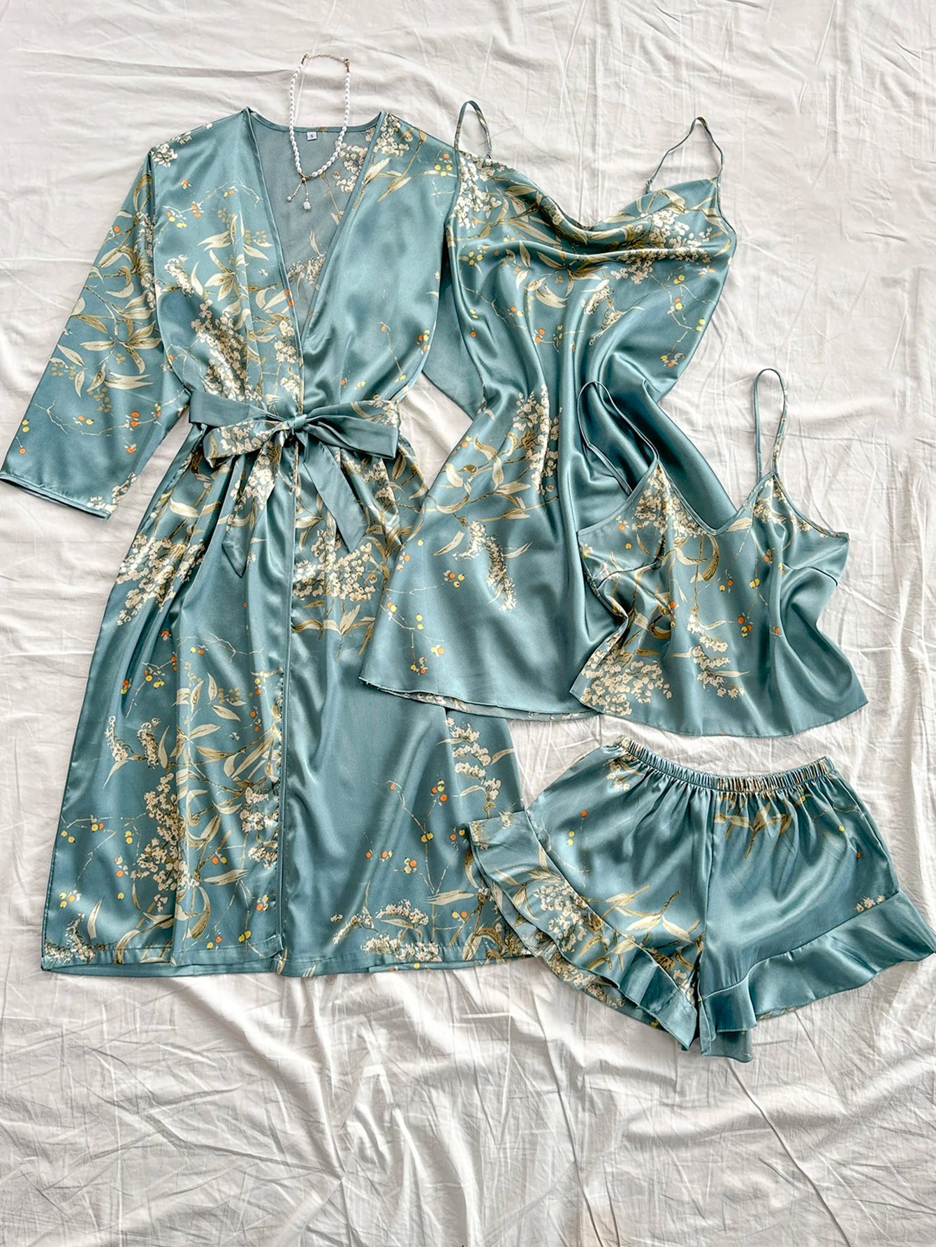 Summer irregular cherry print comfortable bathrobe and halter shorts sexy women's pajama four-piece set