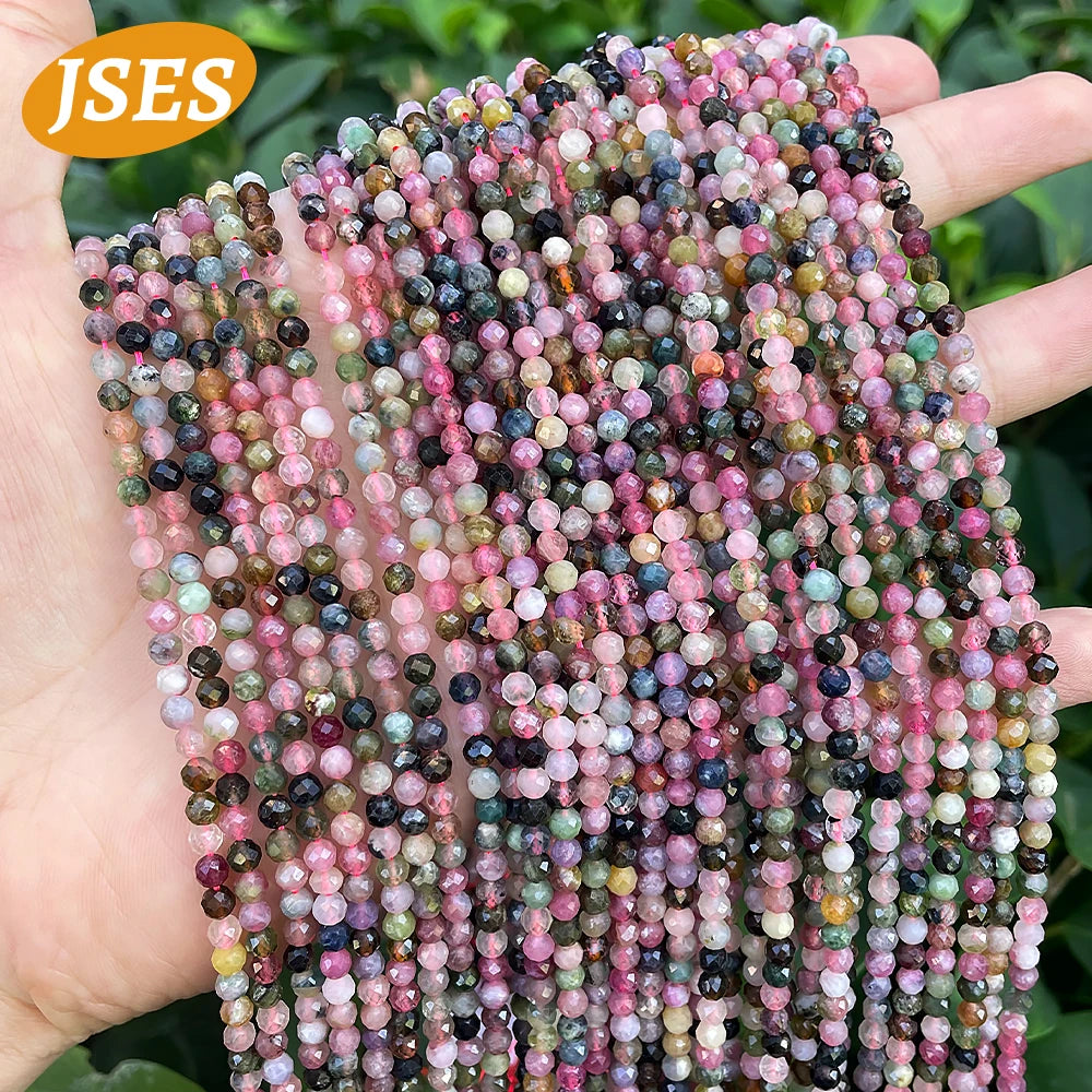 Natural Colorful Tourmaline Faceted Beads Round Loose Spacer Beads for Jewelry Making 3/3.5mm Bracelet DIY Accessories Charms