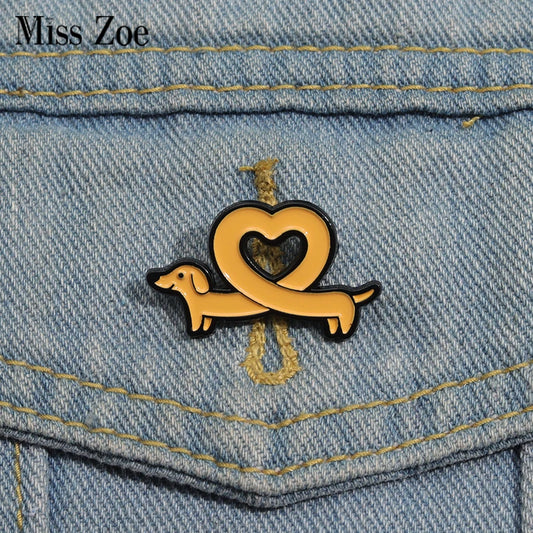 Cute Cartoon Dachshund Enamel Brooch Creative Love Heart Animal Sausage Dog Lapel Pin Badge Backpack Clothing Hat Accessories