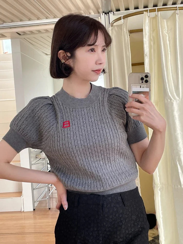 Japanese New Spring Ladies Sweet Bubble Short Sleeve Twist Knitted Top Sweater Letter Embroidered Pure Color Women's T-shirt