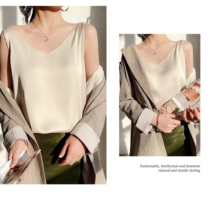 Women's New Four Seasons Inner Wear Silk Suspenders 2022 V-Neck Solid All-Match Satin Vest Soft Loose Thin Lady Sleeveless Tops
