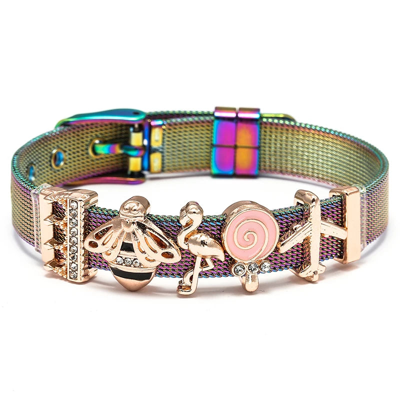 Silver Color Stainless Steel Mesh Bracelets For Women Crystal Santa Claus Beads Charm Watch Belt BraceletsBangles Christmas Gift