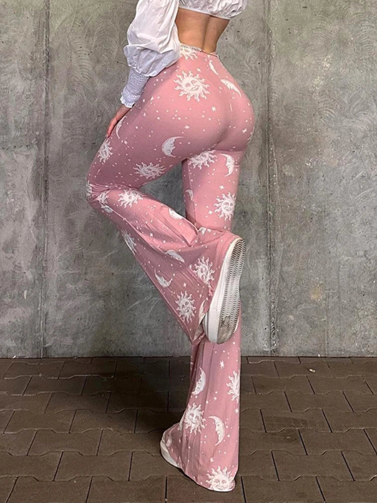 Summer Fashion Pink Pants Women Casual Slim Printed Long Flared Pants Streetwear Women Low-Rise Patchwork Abstract Y2k Pants