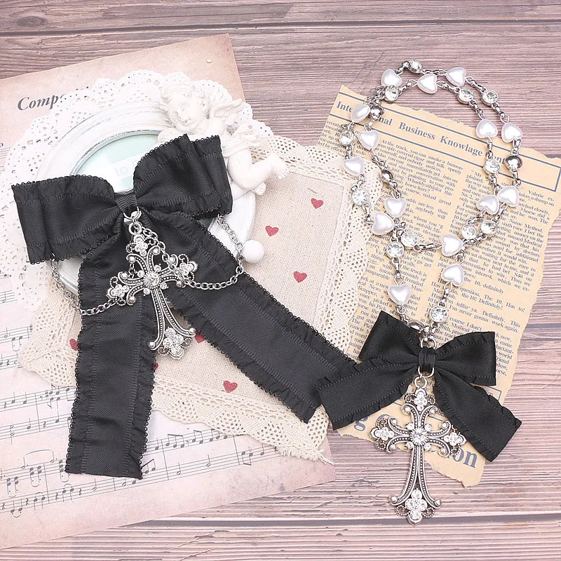 Handmade Beads Hair Clips for Women Rhinestone Cross Chain Bow Hairclips Sweet Cute Rojita Girl Hair Accessories Side Clips
