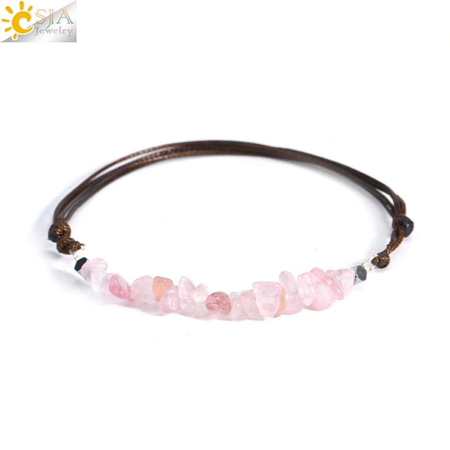 Healing Real Natural Stone Chip Bracelet  7 Chakras Pink Rock Crystal Handmade Rope Bracelet for Women Girl Small Jewelry H361