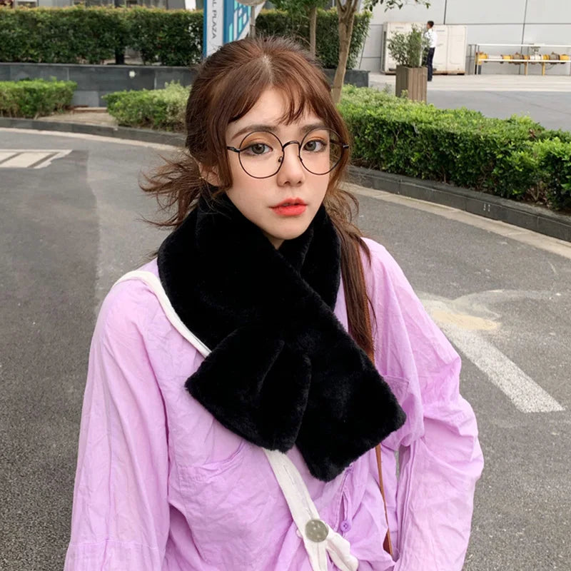 FAITOLAGI Korean Winter Faux Rabbit Fur Women Scarf Soft Plush Snood Scarves Solid Color Neck Collar Warmer Stuff Christmas Gift