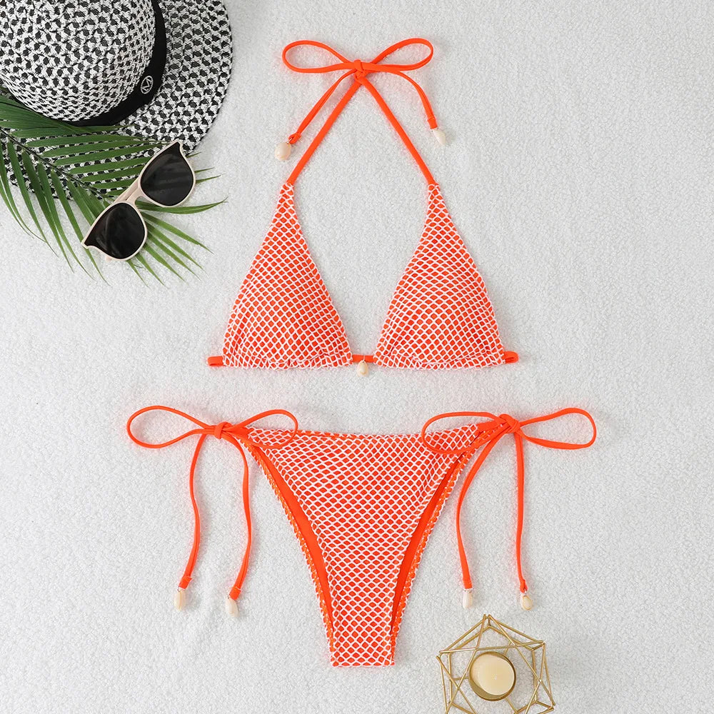 Grid Bikini Set for Women Solid Color 2 Piece Swimsuit Sexy Halter Lace-up Backless Thong Beach Vacation Swimwear 2025 New