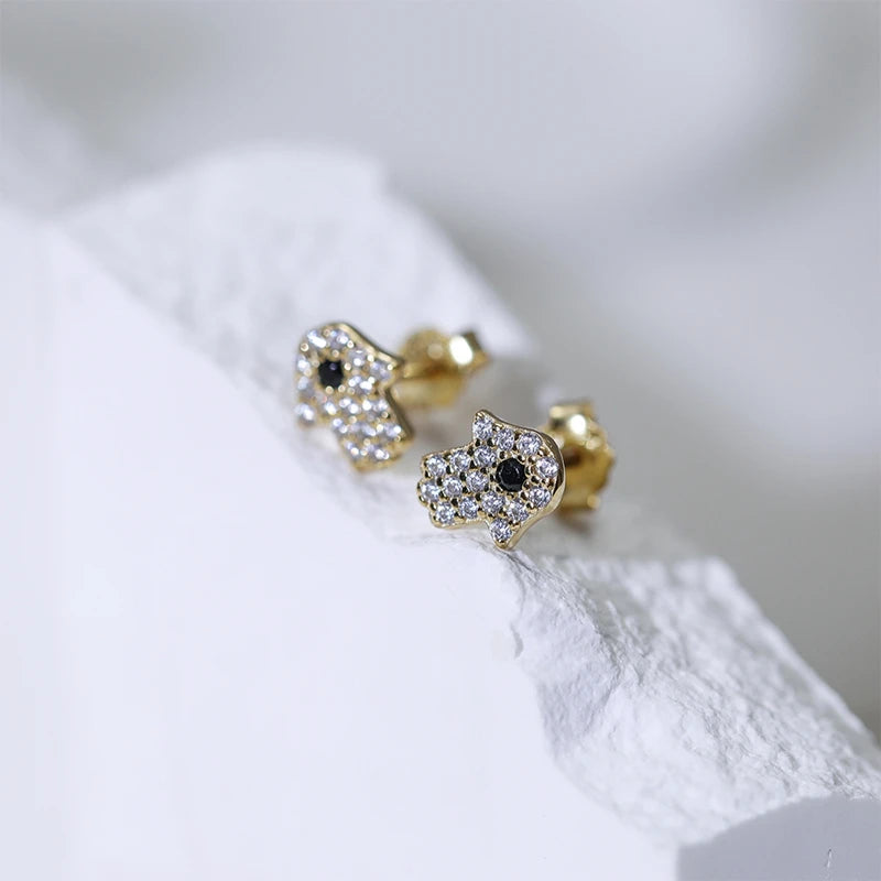 LENNIK 925 Silver Vintage Cute Fatima Hand Small Hoop Earrings For Women Chic Trendy Eye Palm Pendant Mini Stud Earrings Jewelry