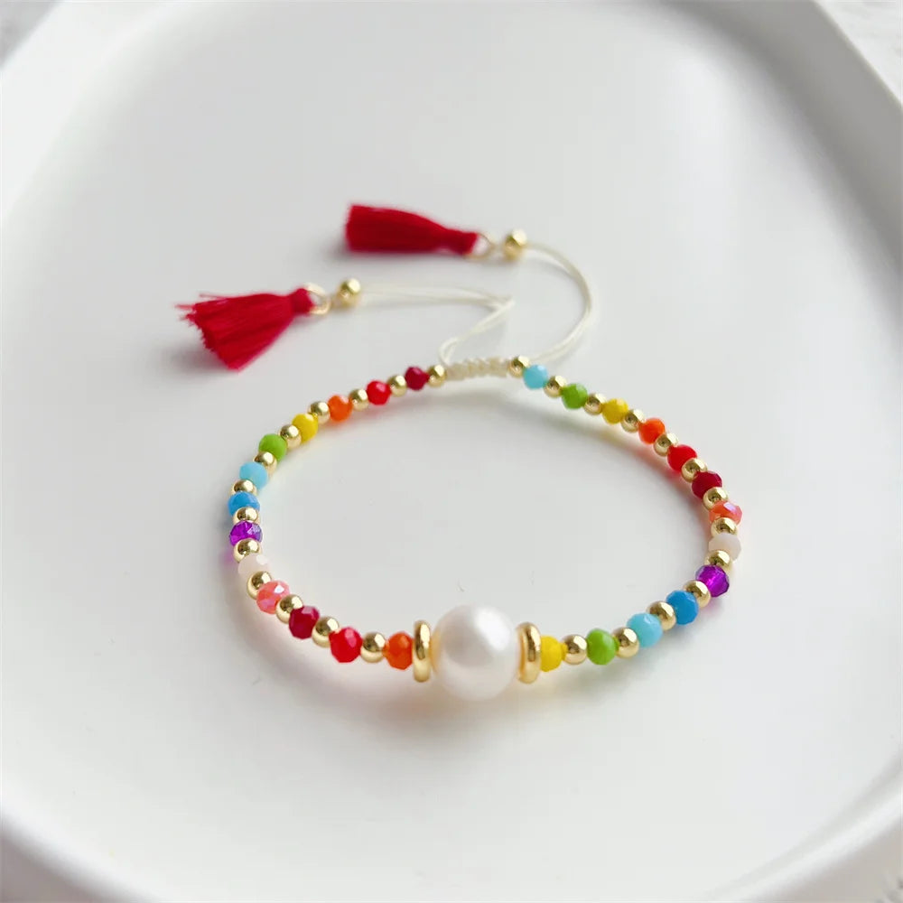 KKBEAD Boho Rainbow Tassel Bracelet Jewelry for Women Natural Pearl Colorful Crystal Beaded Bracelets Pulseras Femme