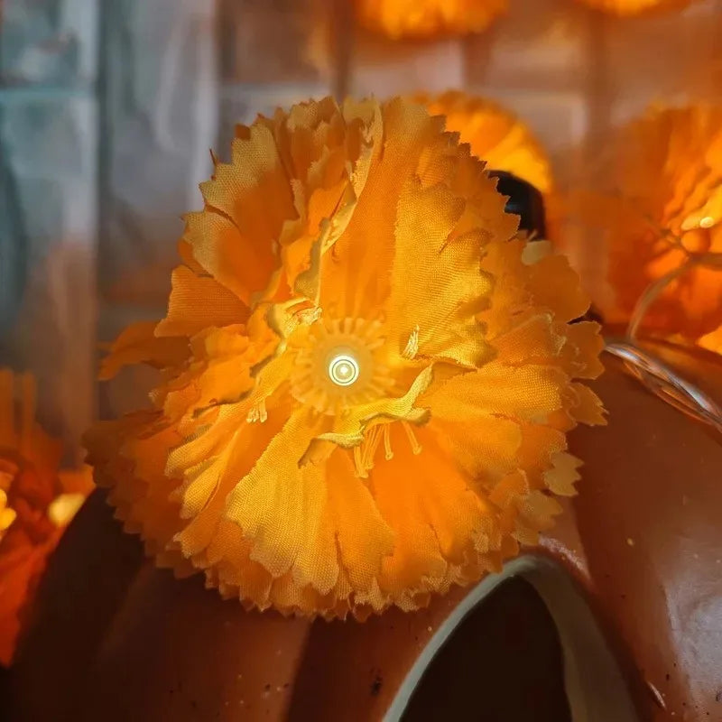 Marigold Flowers LED Light String Halloween Artificial Marigold Garland Battery Powered Lamp Halloween Outdoor Party Decorations