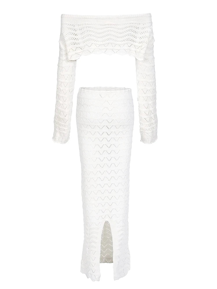 Sexy Knit One-neck Long Sleeve Short Top Drawstring Half Skirt Beach Two-piece 2025 Women Summer Swimsuit Cover Up Chic Set K172