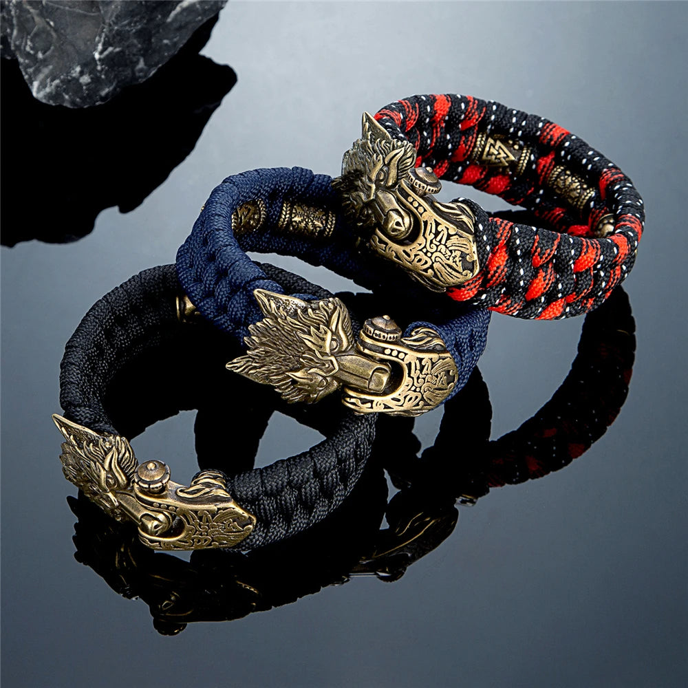 Viking Ancient Bronze Wolf Head Bracelet for Men Punk Stainless Steel Bangle Handmade Woven Rope Wristband Vintage Jewelry Gifts