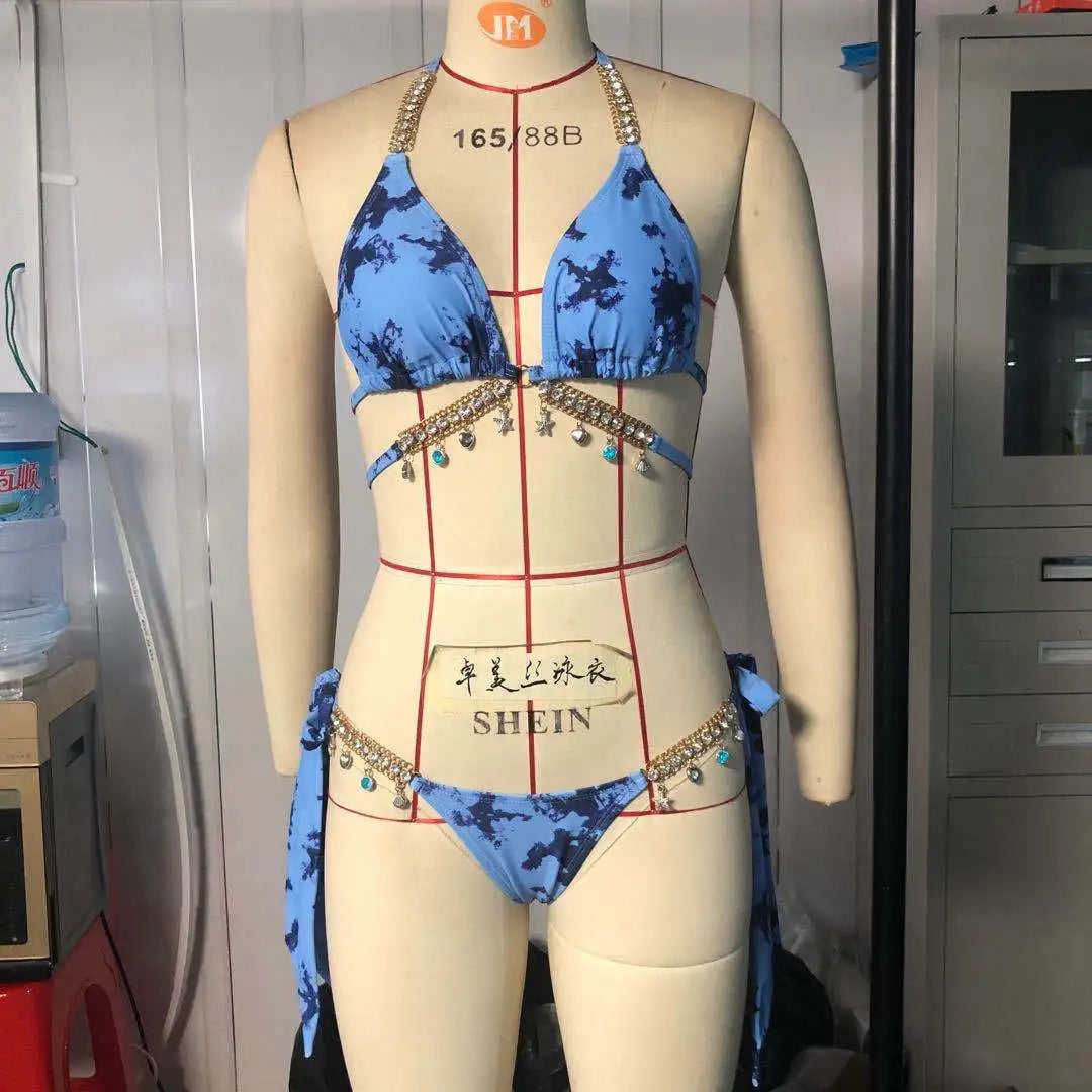 Rhinestone Bikini 2022 Women Solid Black Crystal Diamond Swimsuit Lady Luxury Metal Chain Bandage Bathing Suit Thong Swimwear