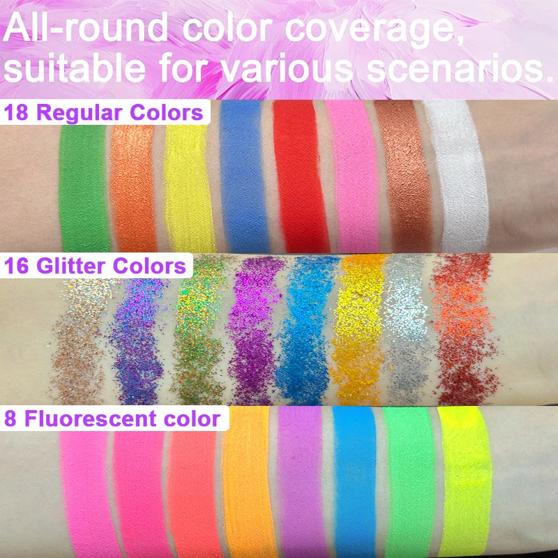 42-Colors Water-Based Face & Body Painting Kit,UV Neon Glitter Fluorescent Paint Makeup,Face Body Paint Art Festivals Halloween