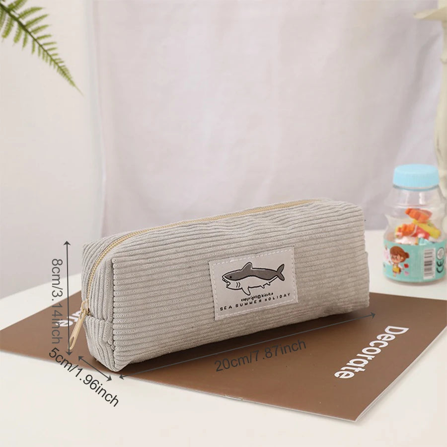 Cute Shark Pencil Case Unisex Korean Style Dirty Corduroy Resistant Storage Bag for Girls School Student Supplies Stationery