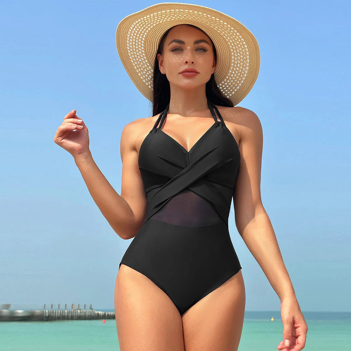 Sexy One Piece Swimsuit Women's Pure Color Mesh Bikini Swimsuit Summer New