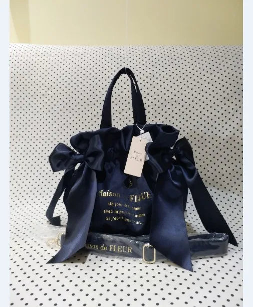 Japanese Style New Double-Sided Drawstring Bags Sweet Cute Girl Ladies Satin Bow Crossbody Shoulder Portable Handbag