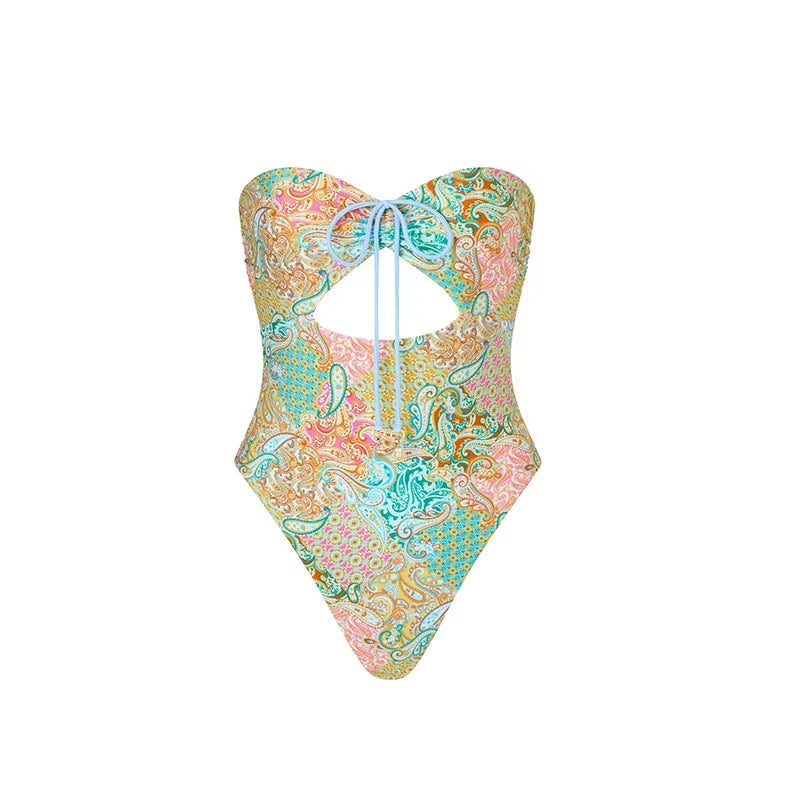 Beach Printed Bikini Skirts Set Women's Sexy Backless Sleeveless Lace-up Swimwear Long Skirt 2025 Summer New Lady Vacation Suit