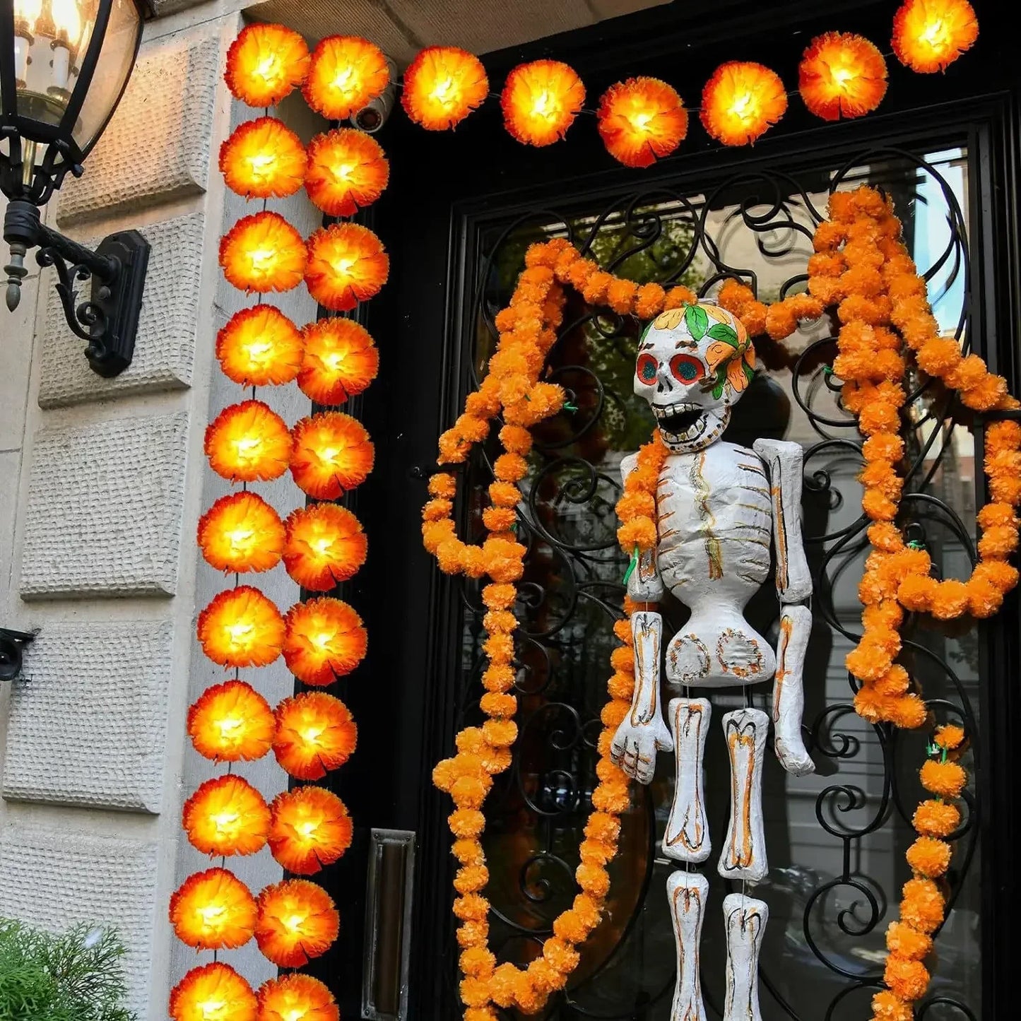 Marigold Flowers LED Light String Halloween Artificial Marigold Garland Battery Powered Lamp Halloween Outdoor Party Decorations