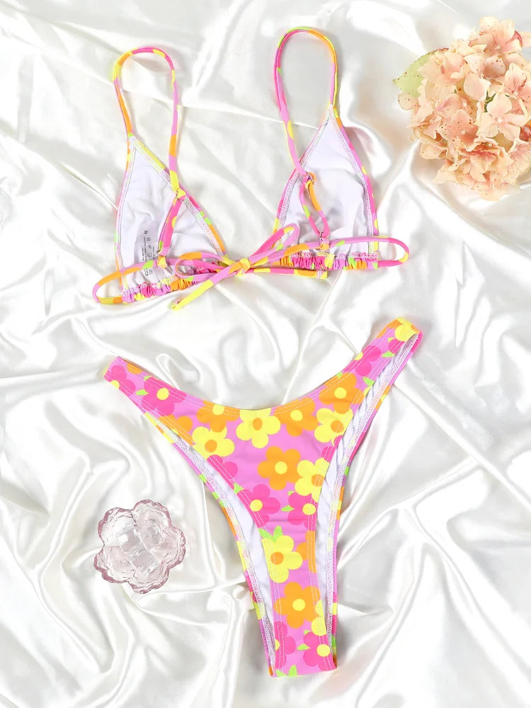 Floral Print Bikinis Low Waist Swimsuit Sexy Swimwear Women 2024 Triangle Bathing Suits Triangle Biquini Micro Thong Beachwear
