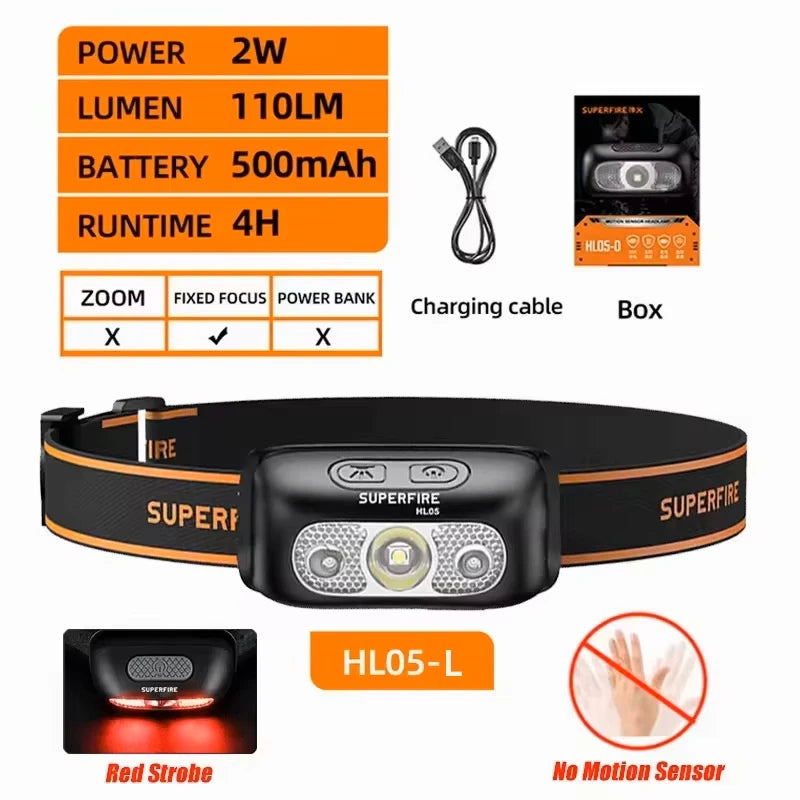 SUPERFIRE HL05-Y Rechargeable Powerful Sensor Headlamp USB High Power Headlight COB LED Waterproof Head Lamp Work Front Light