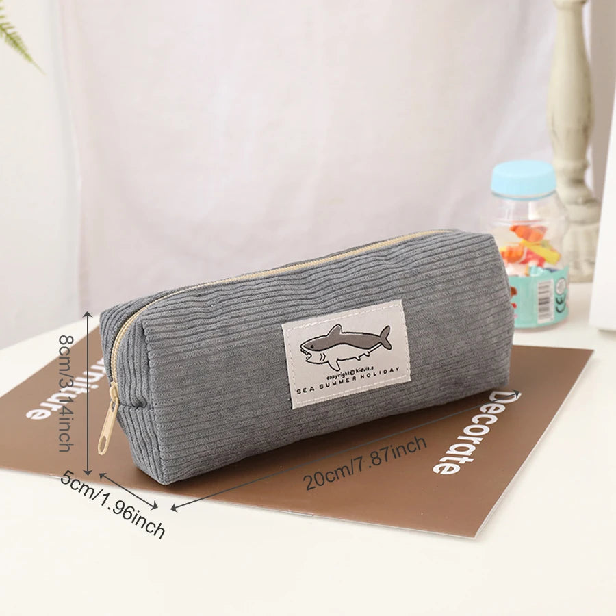 Cute Shark Pencil Case Unisex Korean Style Dirty Corduroy Resistant Storage Bag for Girls School Student Supplies Stationery