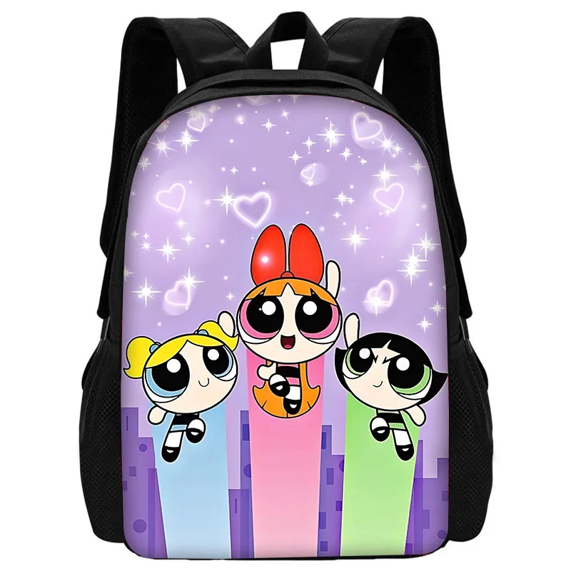 Cute P-PowerpuffS Girls 3 pcs set Child School Backpack with Lunch Bags ,Pencil Bags ,School Bags for Boys Girls Best Gift