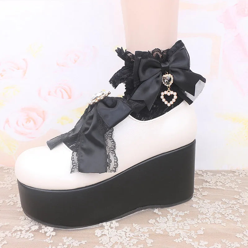 Big Bow Elastic Lace Socks Japanese Jiraikei Style Sweet Cute Lolita Socks Bow with Love Pendant for Girl Women