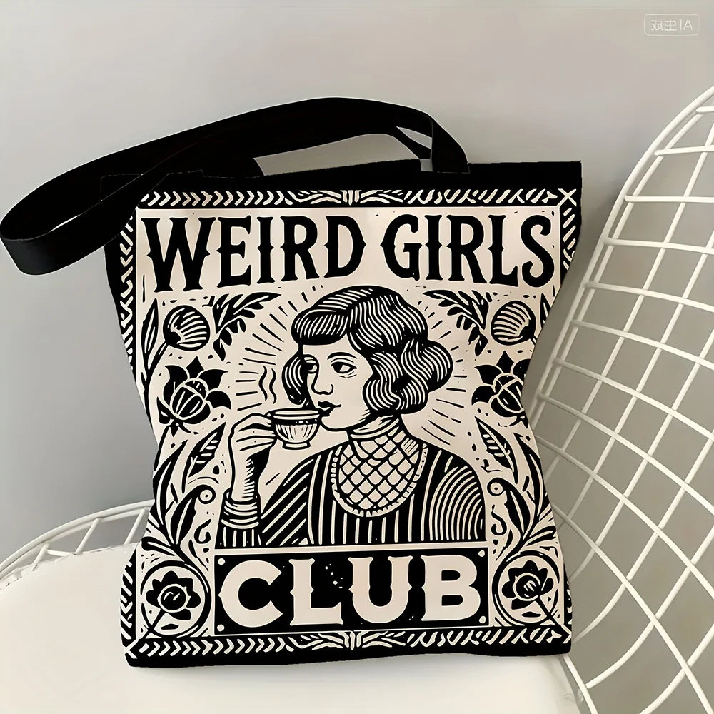 1pc Weird Girls Club Tote Bag Stylish Black & White Floral Design Daily Casual Use Shoulder Bag Christmas Gift for Best Friends