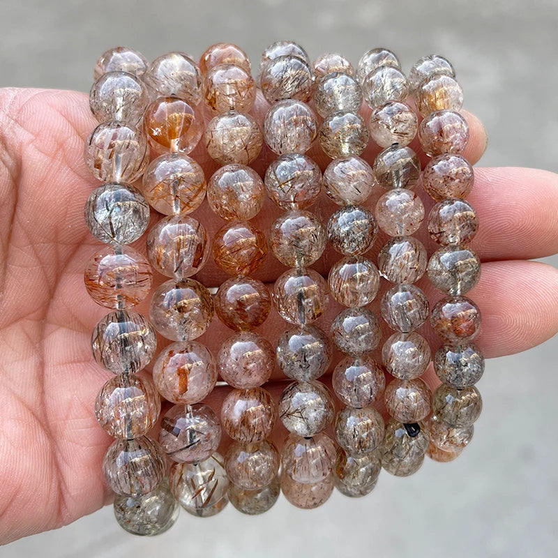 Natural Black Golden Super Seven Quartz Crystal Bead Bracelets Women Fashion Reiki Healing Energy Gemstone Bangles Wrist Jewelry