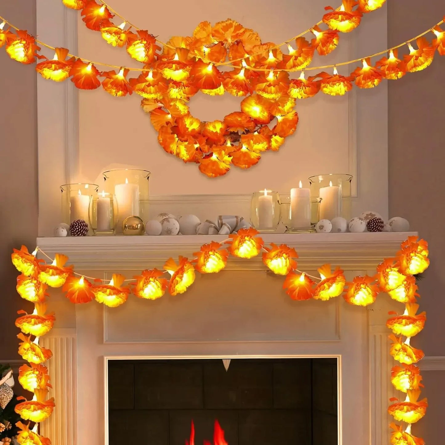Marigold Flowers LED Light String Halloween Artificial Marigold Garland Battery Powered Lamp Halloween Outdoor Party Decorations